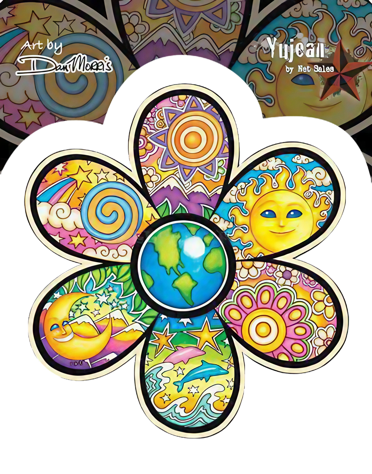 Dan Morris 'Earth Flower' Sticker featuring colorful, psychedelic design, perfect for indoor/outdoor use