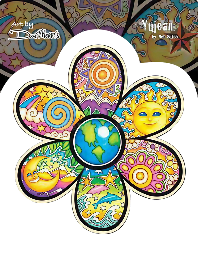 Dan Morris 'Earth Flower' Sticker featuring colorful, psychedelic design, perfect for indoor/outdoor use
