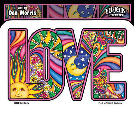 Dan Morris "Love" Sticker featuring colorful psychedelic art, perfect for indoor/outdoor use, 5" x 3.25"