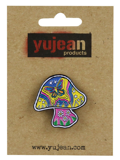 YuJean Dan Morris Mushroom Enamel Pin, multicolor fun design, compact 1.25" size on card