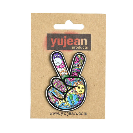 Dan Morris Peace Fingers Enamel Pin with vibrant hippie patterns on card