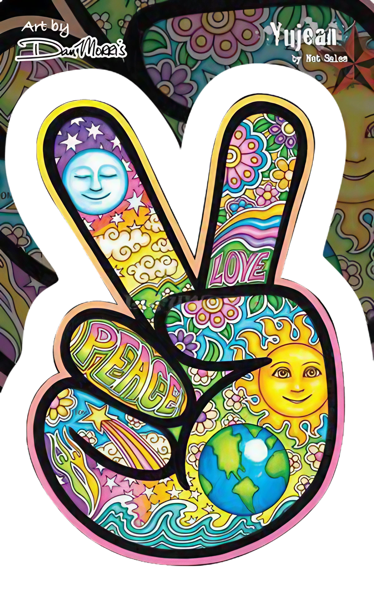 Dan Morris Peace Hand Sticker with colorful psychedelic design, indoor/outdoor use, 4"x6"