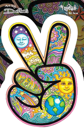 Dan Morris Peace Hand Sticker with colorful psychedelic design, indoor/outdoor use, 4"x6"
