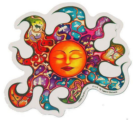 Dan Morris Sleeping Sun Sticker featuring vibrant psychedelic colors, 4.5" size, perfect for novelty gift