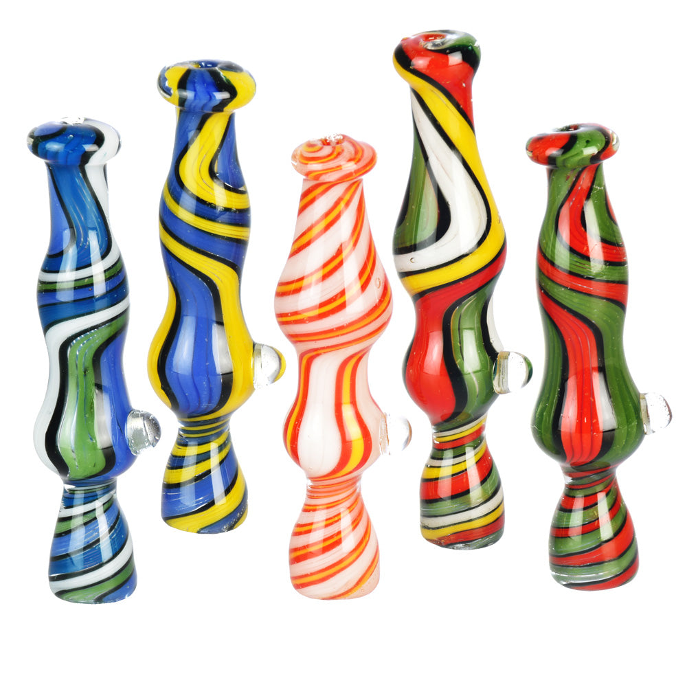 Assortment of Dancing Colors Wig Wag Chillum Pipes, 3.75" Borosilicate Glass, Front View