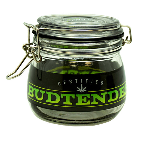 Dank Tank Airtight Glass Storage Jar in Green with Budtender Logo - Front View