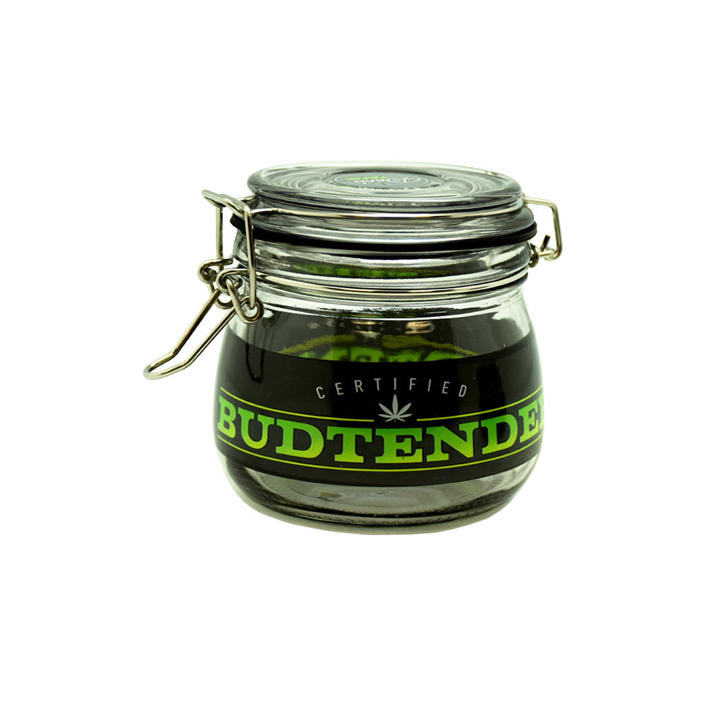Dank Tank Airtight Glass Storage Jar in Green with Budtender Logo, Front View
