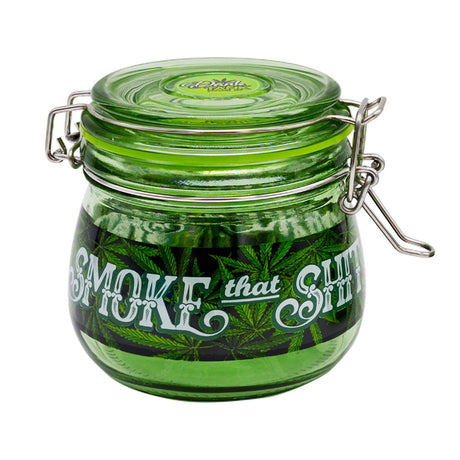 Dank Tank Airtight Glass Storage Jar, clear with green cannabis leaf design, front view