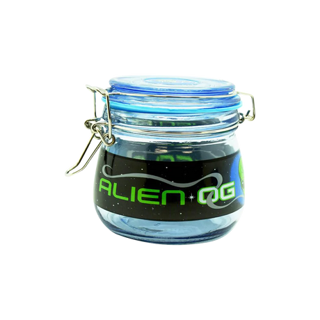 Dank Tank Alien OG airtight glass strain storage jar with blue silicone seal