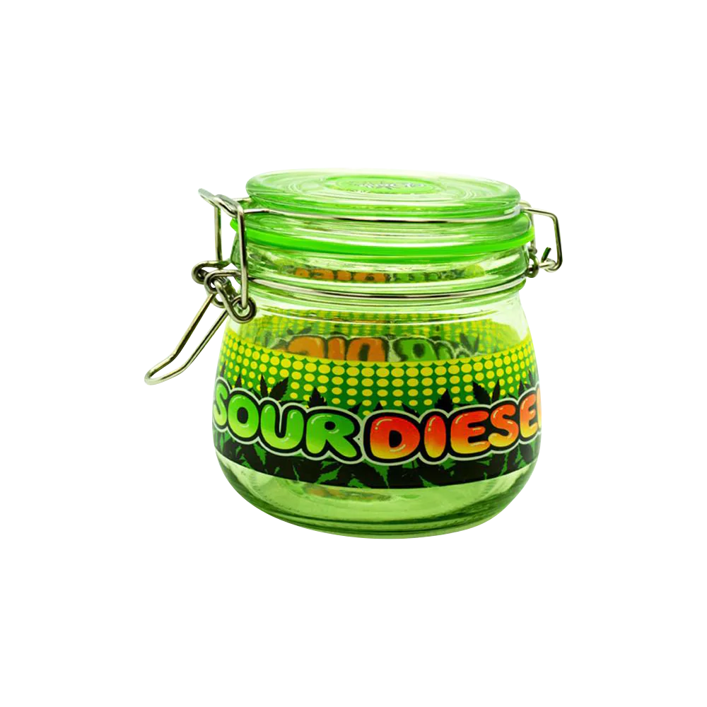 Dank Tank "Sour Diesel" green airtight glass storage jar with silicone seal, front view