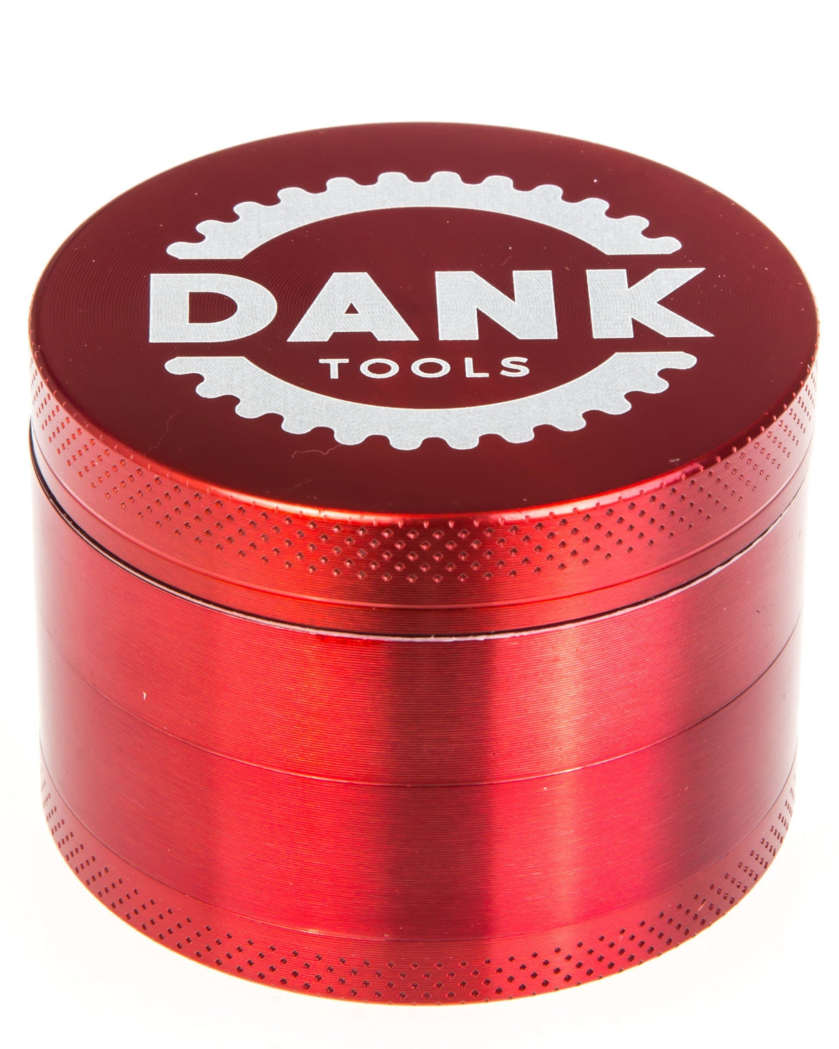 Dank Tools Red 50mm 4-Piece Aluminum Herb Grinder, Front View on White Background