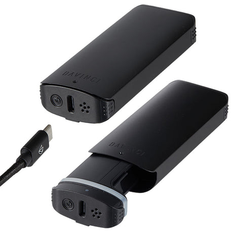 DaVinci ARTIQ Portable Vaporizer in Black with USB Charger, Front and Side Views