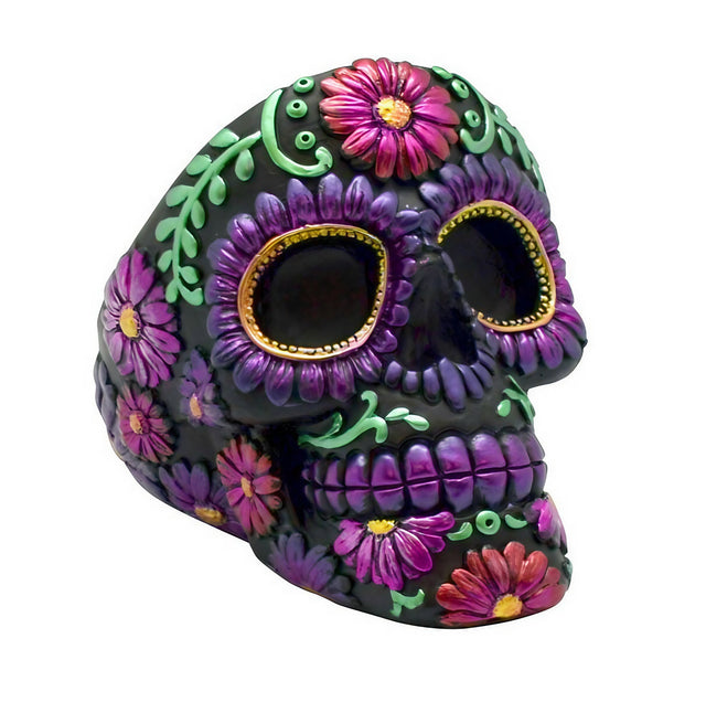 Day of the Dead themed polyresin ashtray with vibrant floral patterns - front view