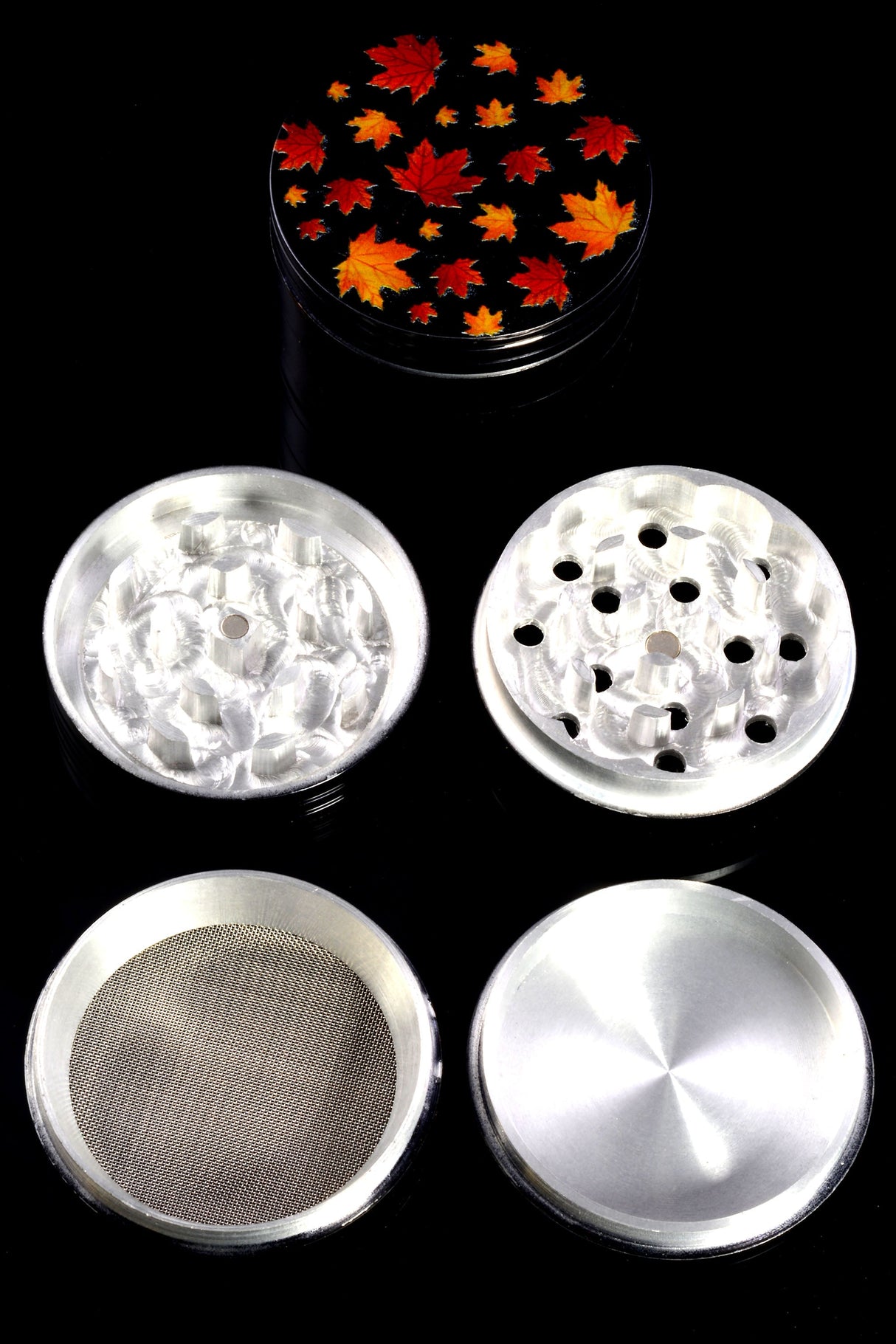 Black Aluminum 4-Part Metal Herb Grinder “Sticker Stack” – 2¼″