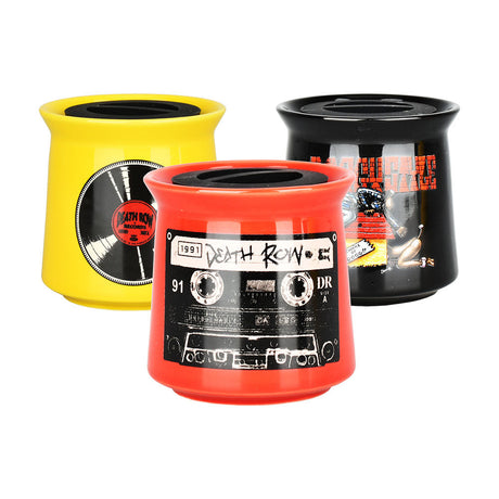Assorted Death Row Records Ceramic Stash Jars in red, yellow, and black with vintage designs