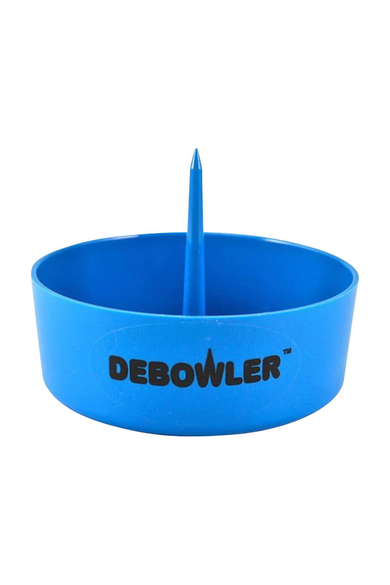 Debowler Ashtray in Blue - Portable Plastic Ashtray with Built-in Poker, 4" Size, Front View
