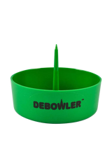 Green Debowler Ashtray, compact plastic design with built-in poker, perfect for pipes and bongs.
