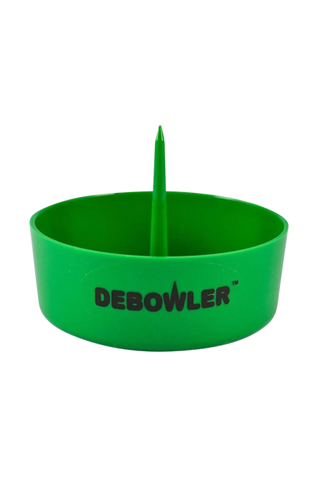 Green Debowler Ashtray, compact plastic design with built-in poker, perfect for pipes and bongs.
