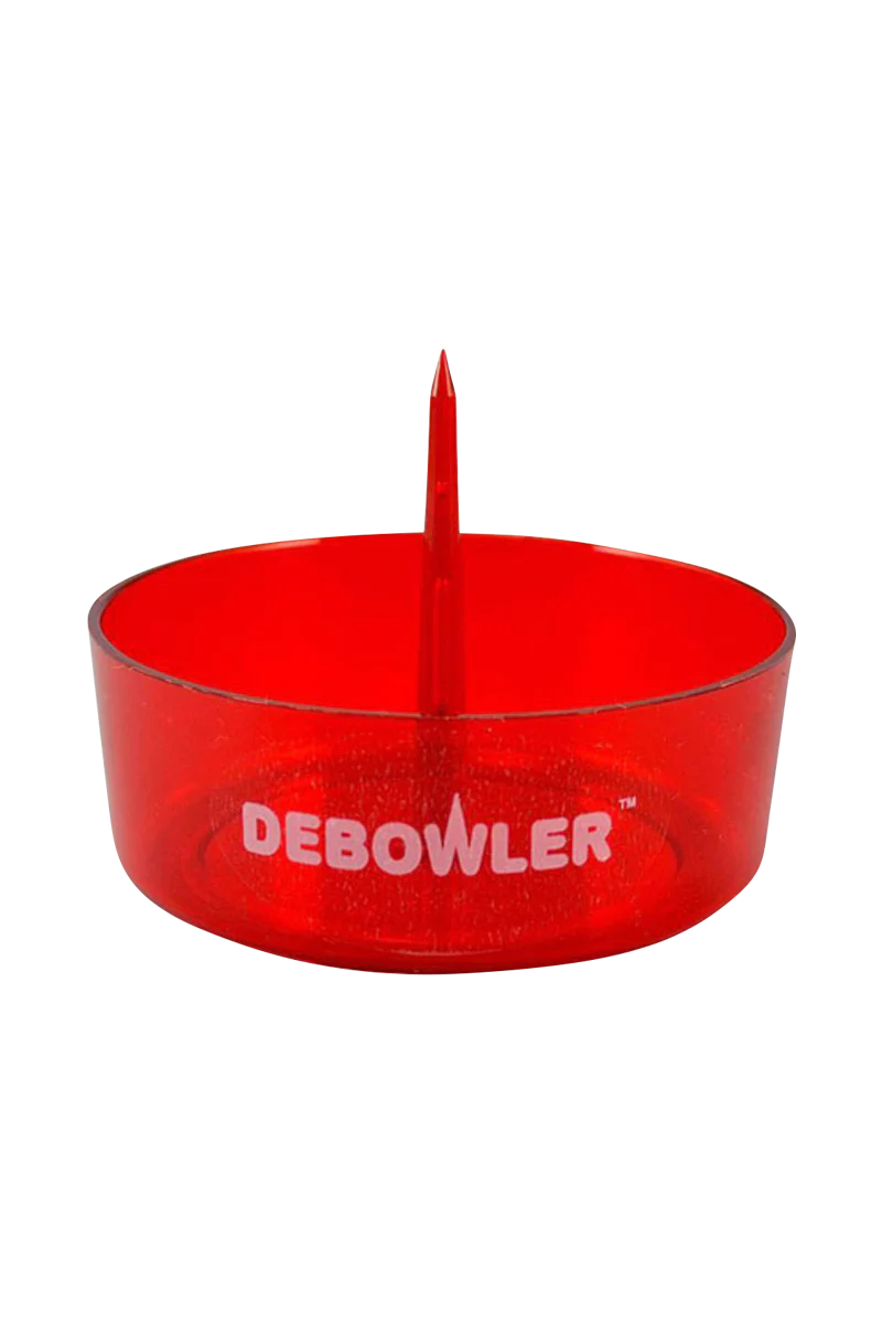 Debowler Ashtray in vibrant red, compact 4" size with built-in poker, perfect for pipes and bongs