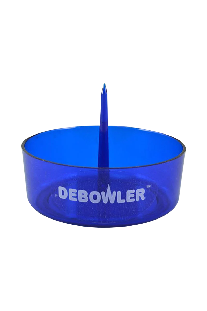 Debowler Ashtray in blue, 4" compact plastic design with built-in poker, front view