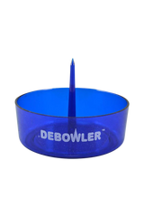 Debowler Ashtray in blue, 4" compact plastic design with built-in poker, front view