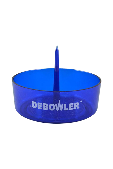 Debowler Ashtray in blue, 4" compact plastic design with built-in poker, front view