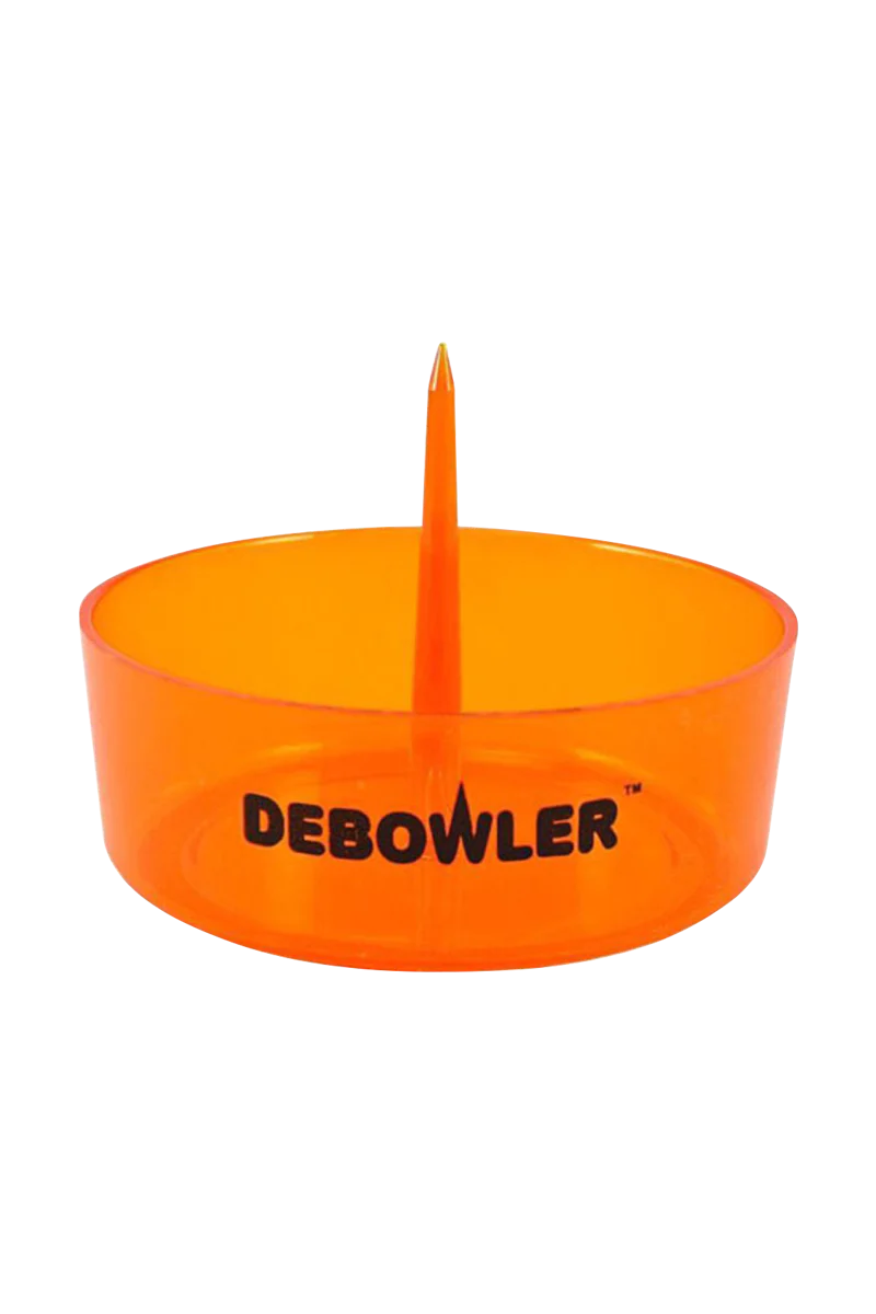Orange Debowler Ashtray front view, plastic, portable design for easy cleaning of pipes and bongs