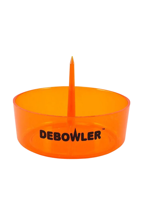 Orange Debowler Ashtray front view, plastic, portable design for easy cleaning of pipes and bongs