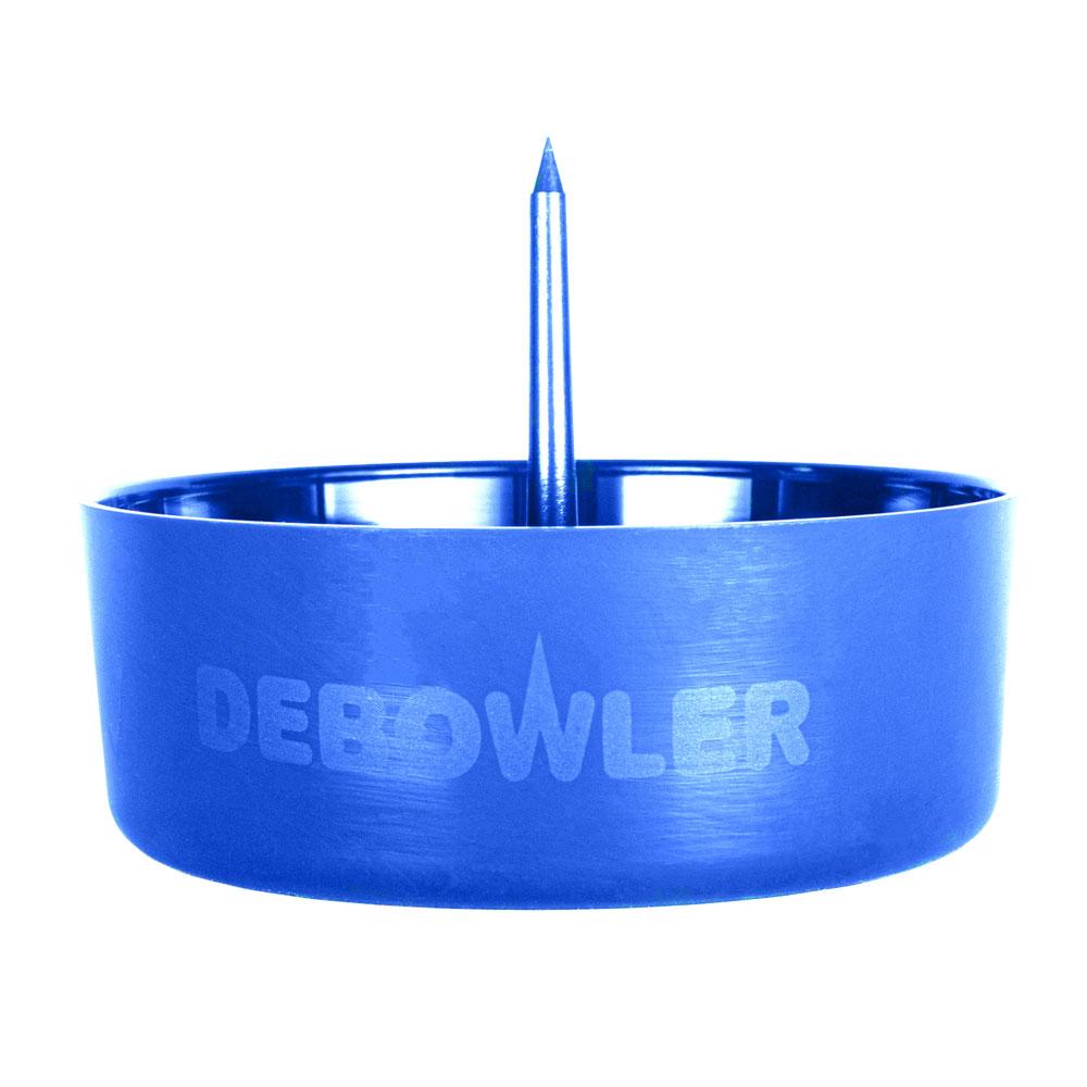 Blue Debowler Ashtray with built-in poker for cleaning pipes and bongs, compact design, front view
