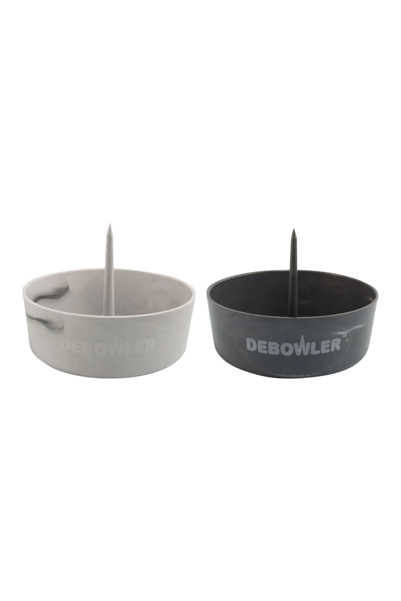 Debowler Ashtray in black and grey, compact 4" size with built-in poker for pipes and bongs