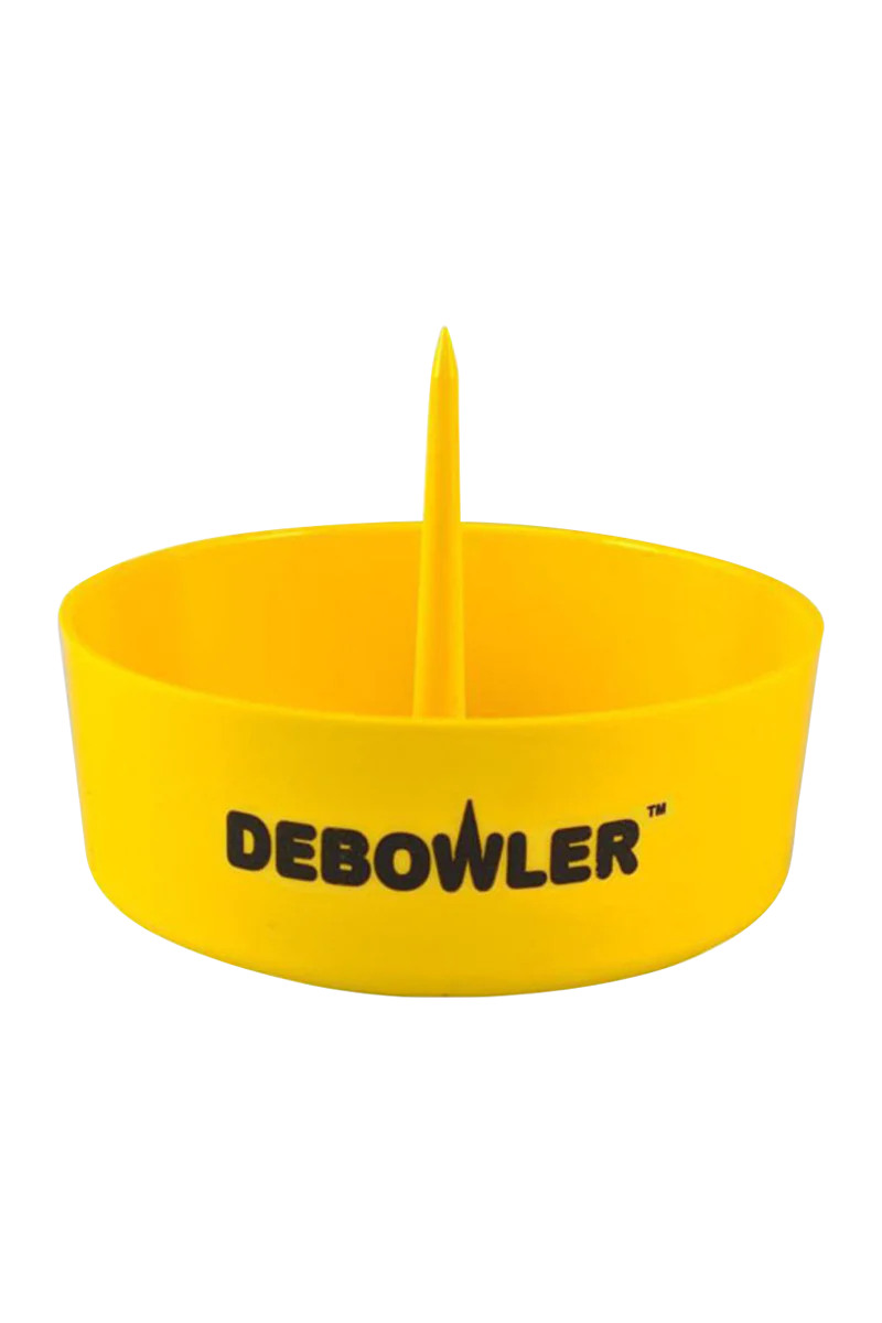 Debowler Ashtray in vibrant yellow, front view, ideal for bongs and pipes, compact design