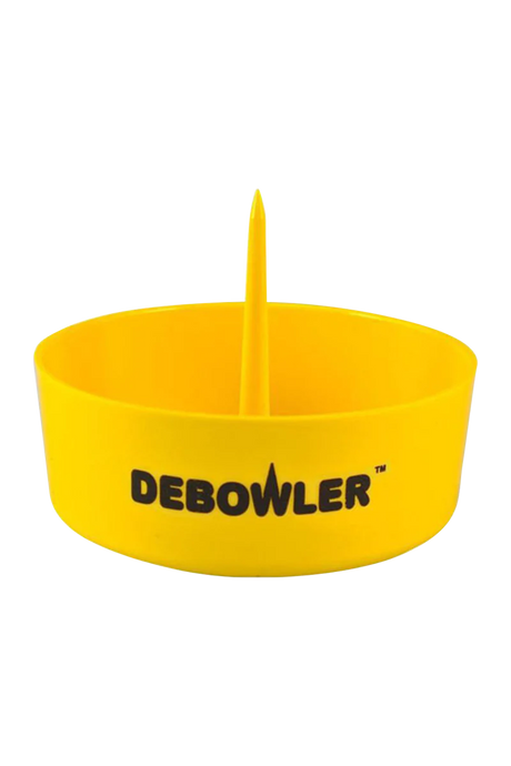 Debowler Ashtray in vibrant yellow, front view, ideal for bongs and pipes, compact design