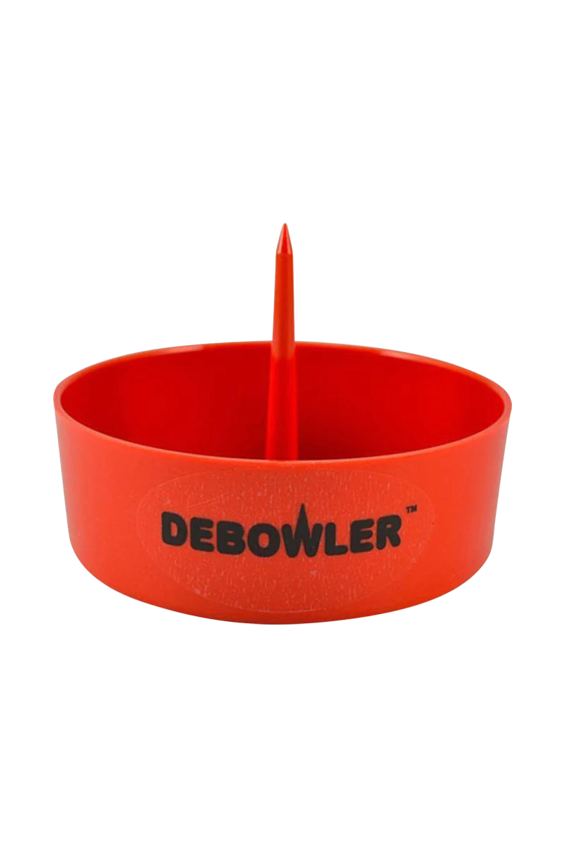 Debowler Ashtray in red, plastic, portable design with built-in poker, front view on white background