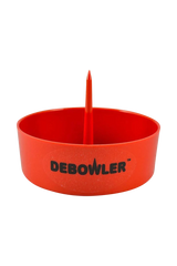 Debowler Ashtray in red, plastic, portable design with built-in poker, front view on white background