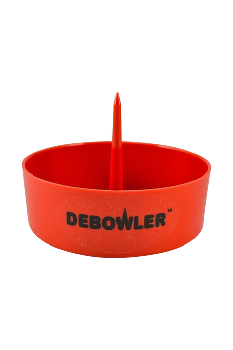 Debowler Ashtray in red, plastic, portable design with built-in poker, front view on white background