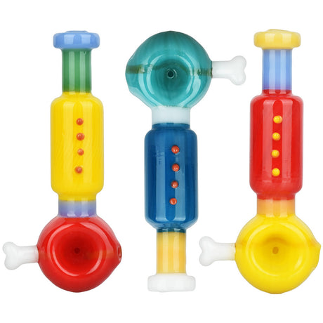 Colorful Deco Dog Bone Hand Pipes made of Borosilicate Glass, 4.75" long, front view
