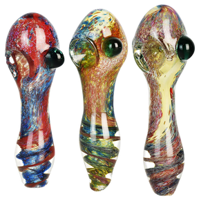 Deep Ocean Fritted Glass Spoon Pipe, 4.5" heavy wall borosilicate, portable design, triple view
