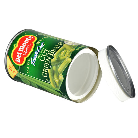 Del Monte Green Beans Can Diversion Safe, 14.5oz, Steel Container - Side View with Open Lid