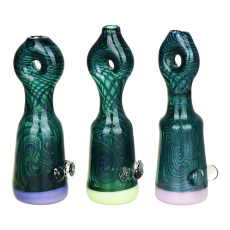 Delirious Chillum Pipe, 3.75" Borosilicate Glass, Front View, Swirled Green Design