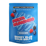 Delta Munchies D8 Berry Blue Sour Belts package, 3000mg CBD, front view on white background