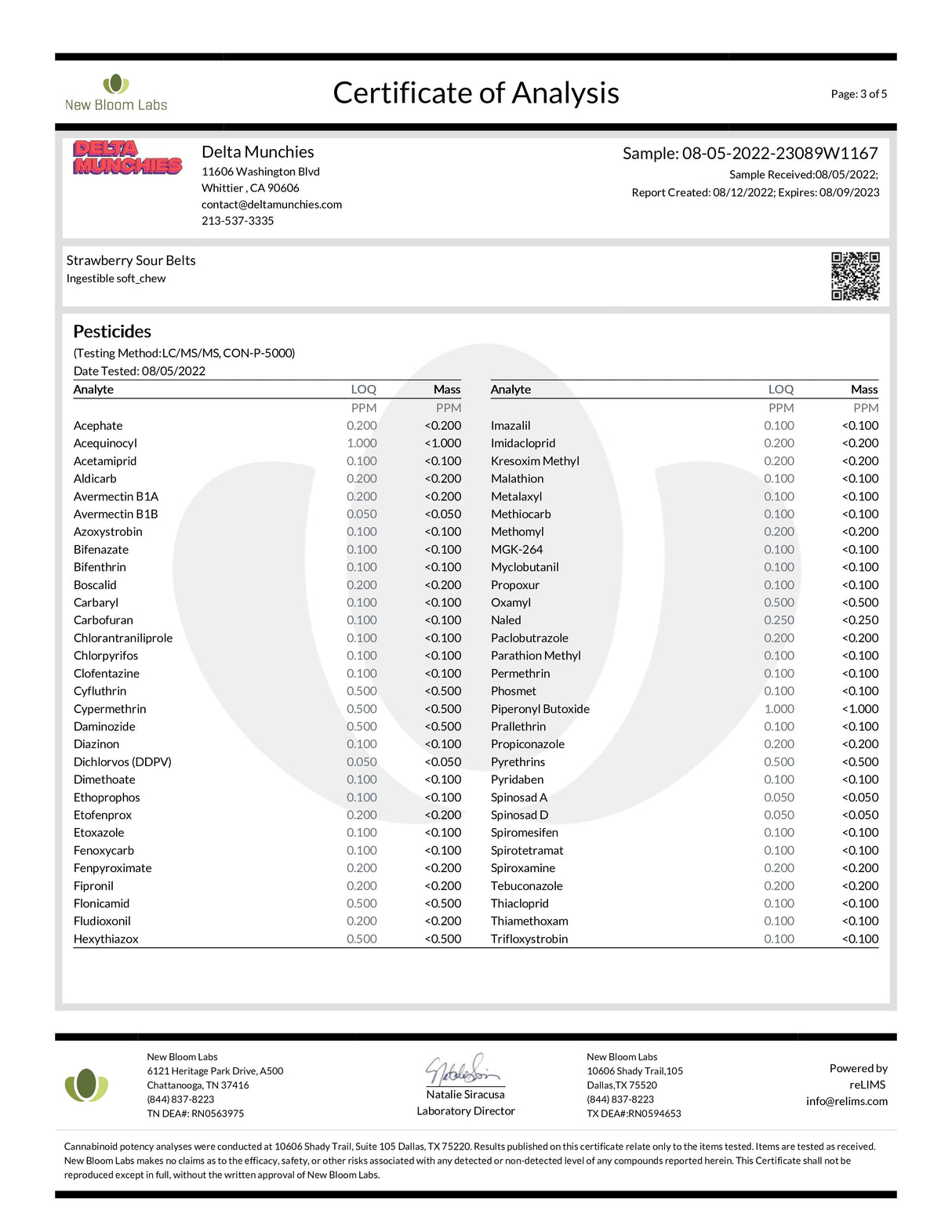 Delta Munchies D8 Sour Belts Certificate of Analysis document