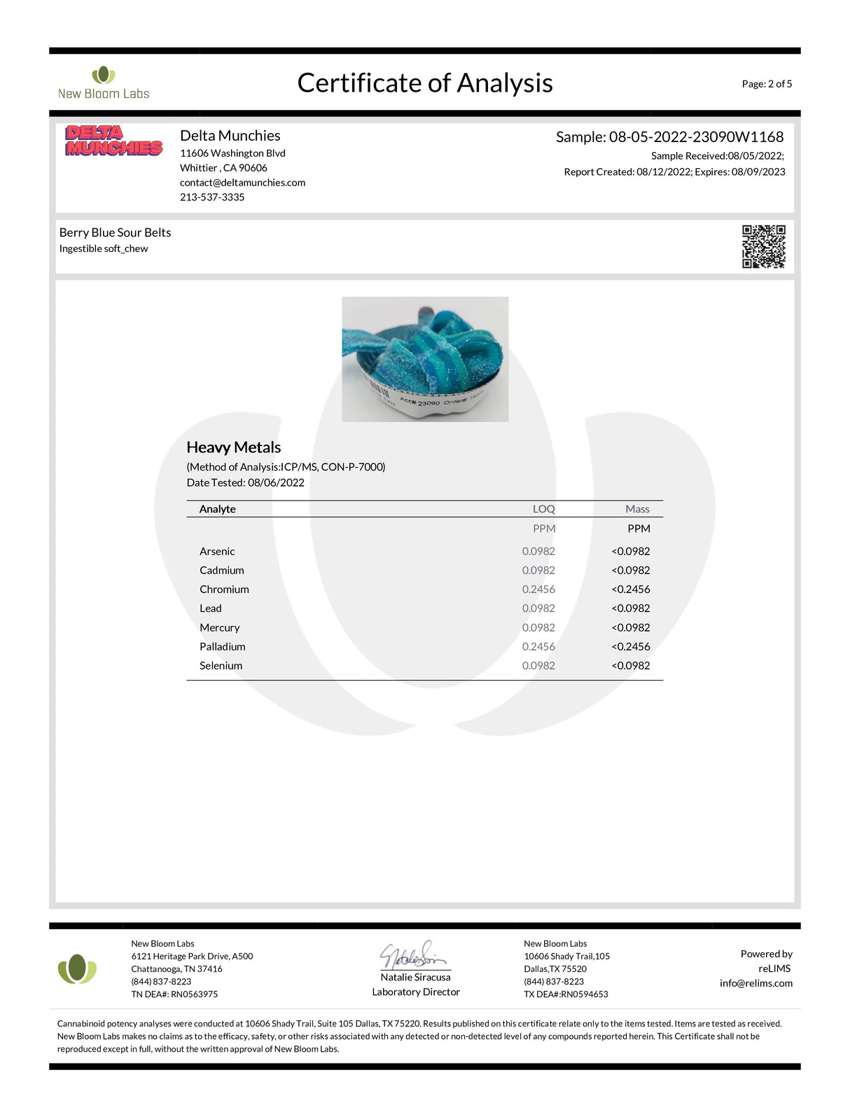 Delta Munchies D8 Sour Belts Certificate of Analysis with product details and test results