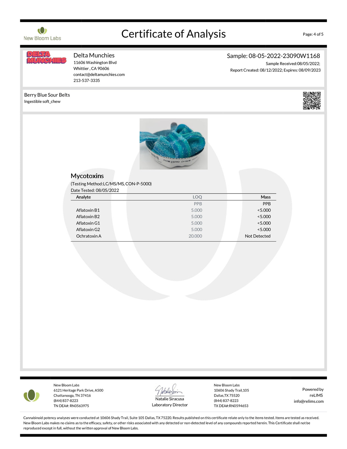 Certificate of Analysis for Delta Munchies D8 Sour Belts 3000mg, detailing product safety