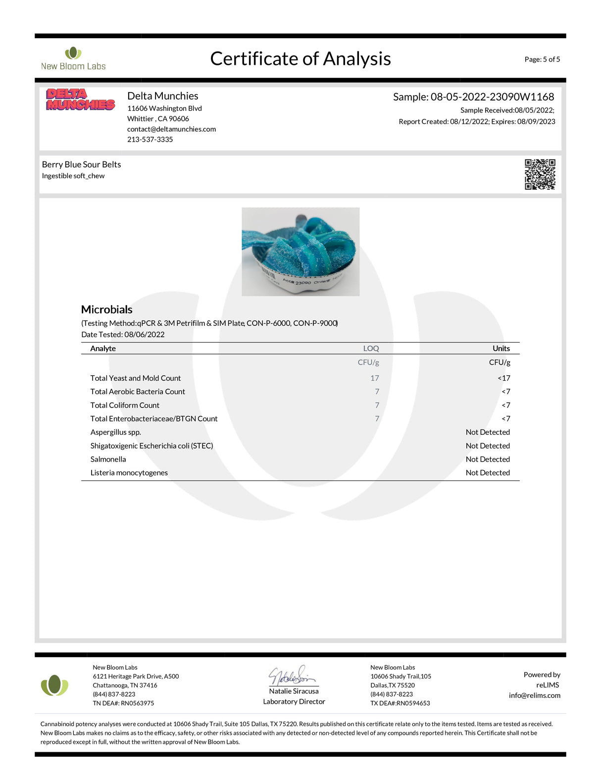 Certificate of Analysis for Delta Munchies D8 Sour Belts with CBD content details