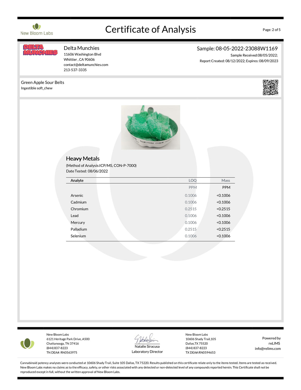 Delta Munchies D8 Sour Belts Certificate of Analysis showing product purity