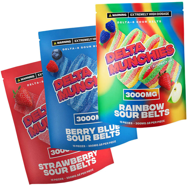 Delta Munchies D8 Sour Belts in Strawberry and Berry Blue, 3000mg CBD Edibles