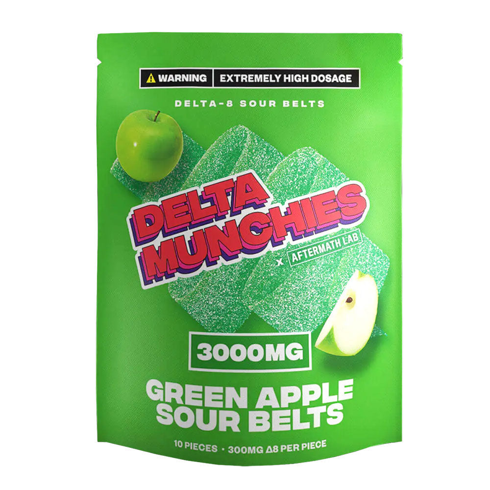 Delta Munchies D8 Sour Belts in Green Apple flavor, 3000mg CBD Edibles packaging front view