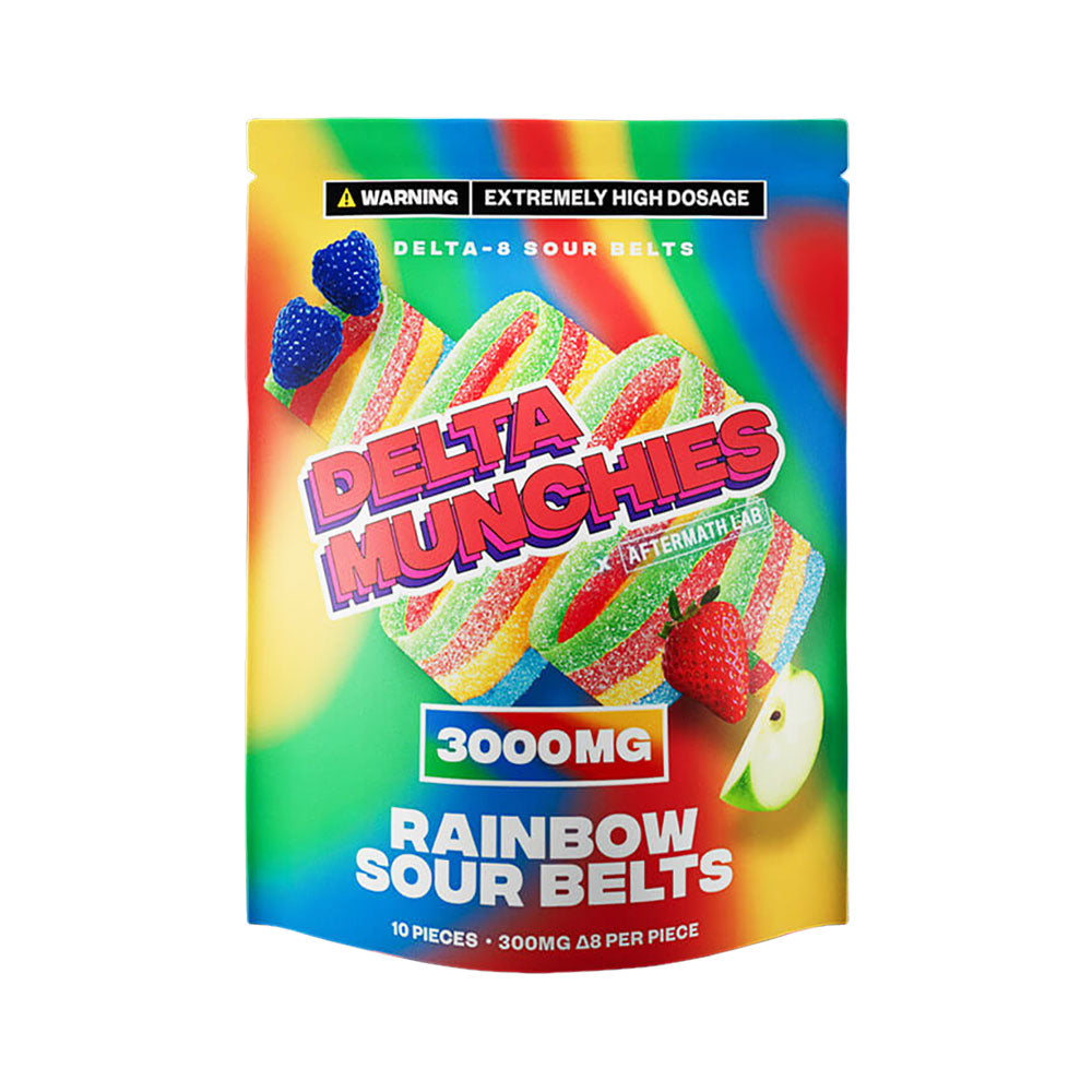 Delta Munchies D8 Rainbow Sour Belts package, 3000mg CBD Edibles front view