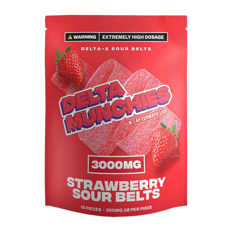 Delta Munchies D8 Strawberry Sour Belts package, 3000mg CBD Edibles, front view