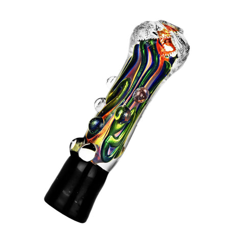Diamond Etched Iridescent Royal Glass Taster, Borosilicate Hand Pipe, Angled View